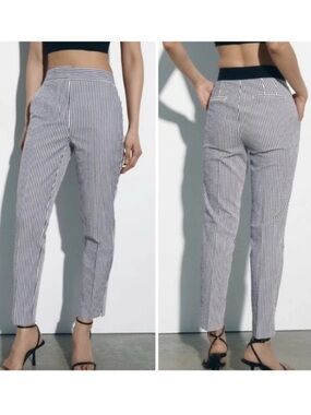 Zara Seersucker Striped Trouser Pants Women’s Size Small White Navy Blue